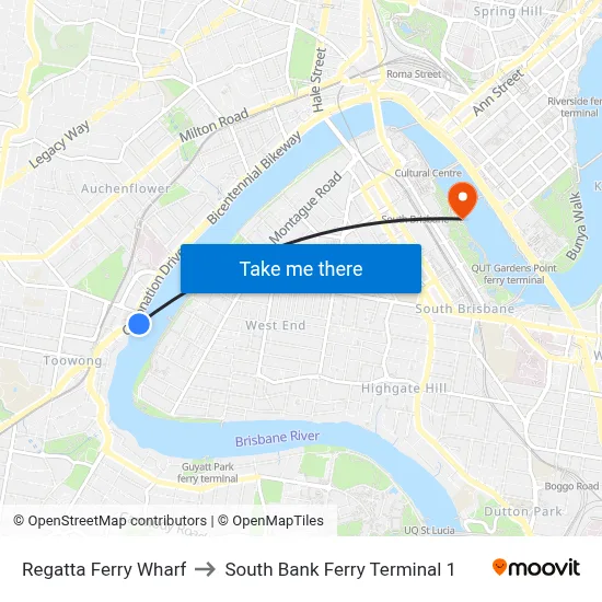 Regatta Ferry Wharf to South Bank Ferry Terminal 1 map