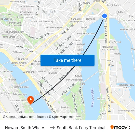 Howard Smith Wharves to South Bank Ferry Terminal 1 map