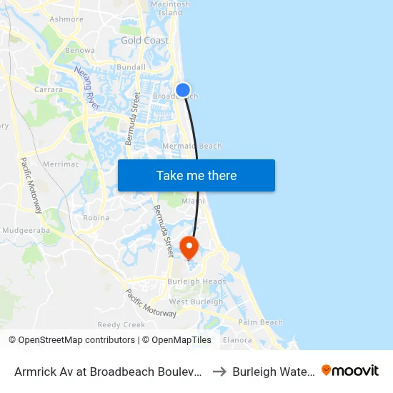 Armrick Av at Broadbeach Boulevard to Burleigh Waters map