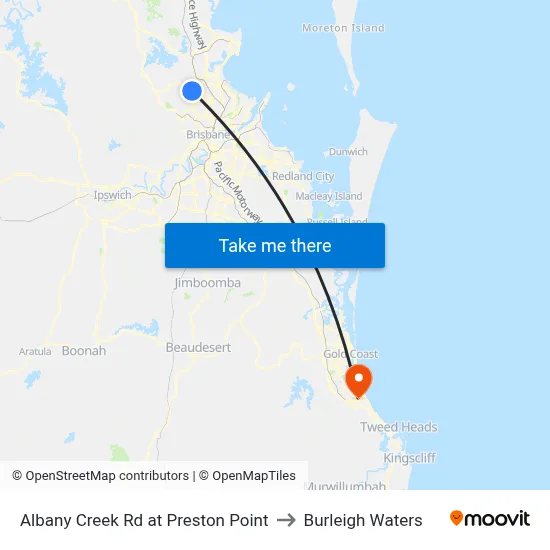 Albany Creek Rd at Preston Point to Burleigh Waters map