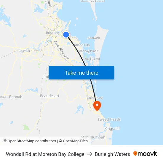 Wondall Rd at Moreton Bay College to Burleigh Waters map