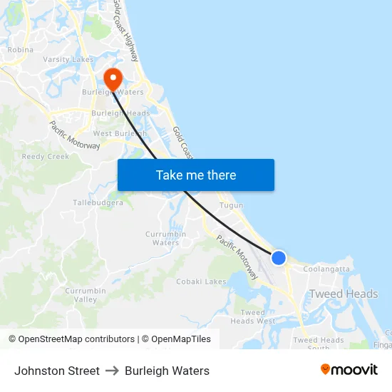 Johnston Street to Burleigh Waters map