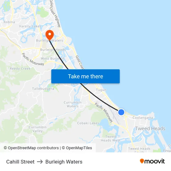 Cahill Street to Burleigh Waters map