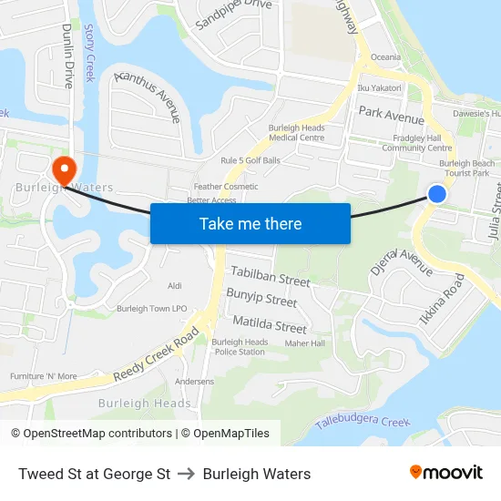 Tweed St at George St to Burleigh Waters map