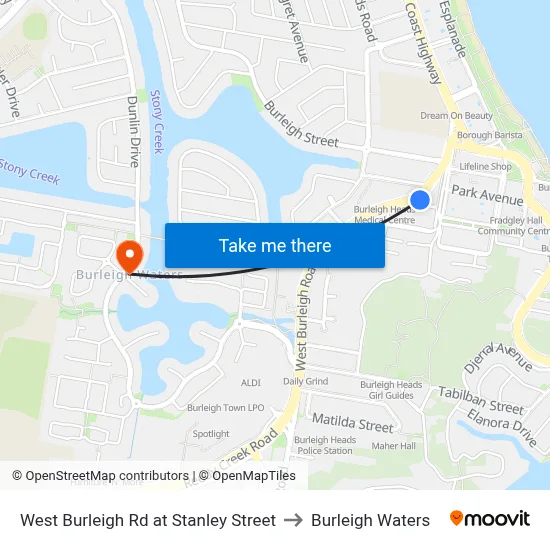 West Burleigh Rd at Stanley Street to Burleigh Waters map