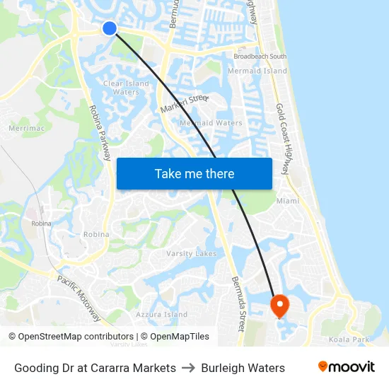 Gooding Dr at Cararra Markets to Burleigh Waters map