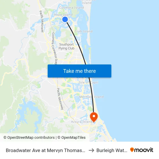 Broadwater Ave at Mervyn Thomas Drive to Burleigh Waters map
