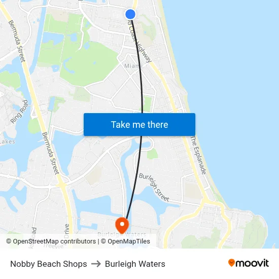 Nobby Beach Shops to Burleigh Waters map