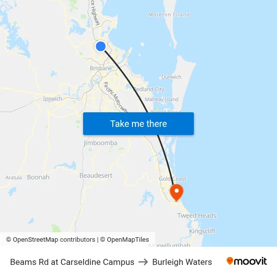 Beams Rd at Carseldine Campus to Burleigh Waters map