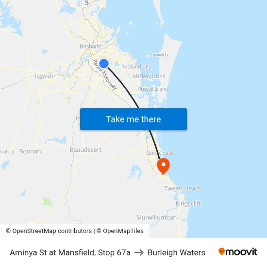 Aminya St at Mansfield, Stop 67a to Burleigh Waters map