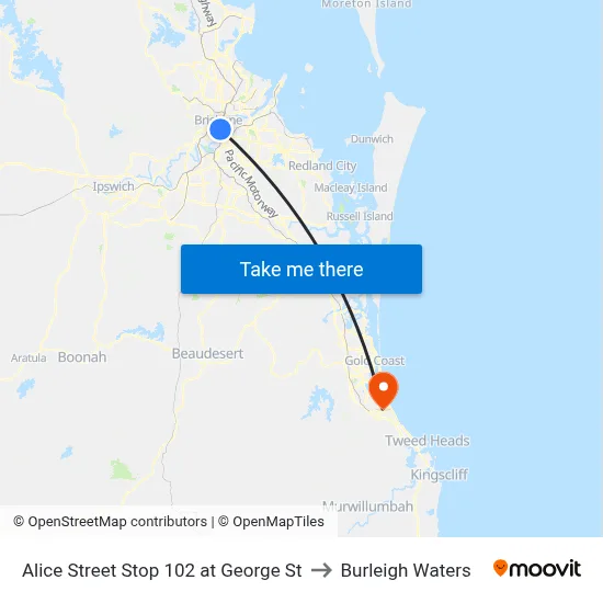 Alice Street Stop 102 at George St to Burleigh Waters map