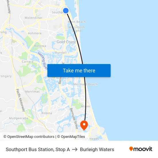 Southport Bus Station, Stop A to Burleigh Waters map