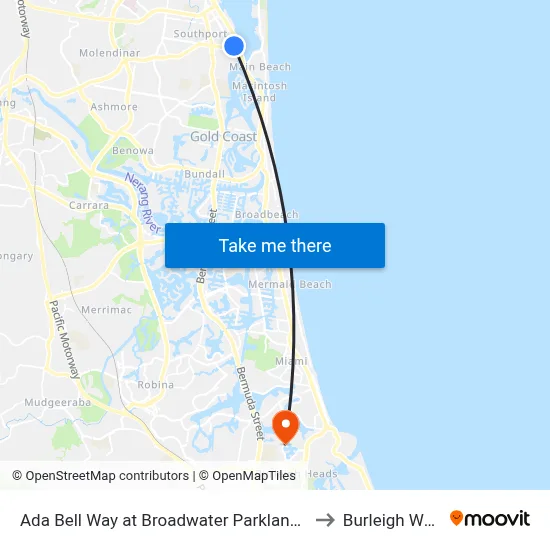 Ada Bell Way at Broadwater Parklands Station to Burleigh Waters map