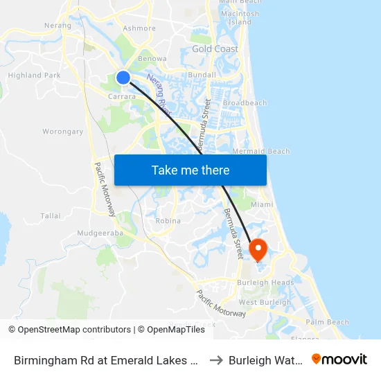 Birmingham Rd at Emerald Lakes Drive to Burleigh Waters map