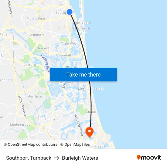 Southport Turnback to Burleigh Waters map