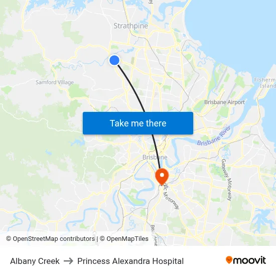Albany Creek to Princess Alexandra Hospital map