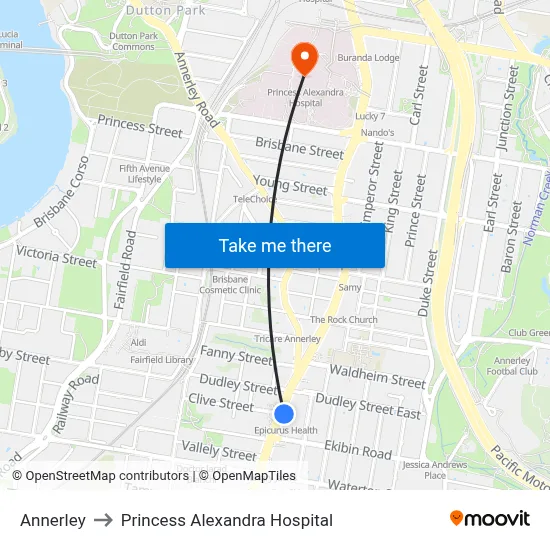 Annerley to Princess Alexandra Hospital map