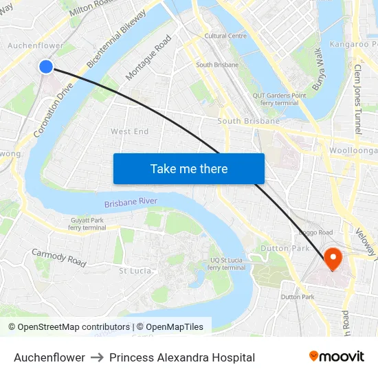 Auchenflower to Princess Alexandra Hospital map