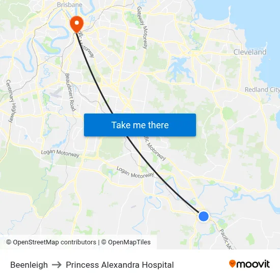 Beenleigh to Princess Alexandra Hospital map