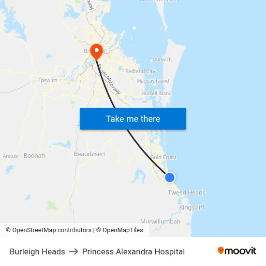 Burleigh Heads to Princess Alexandra Hospital map