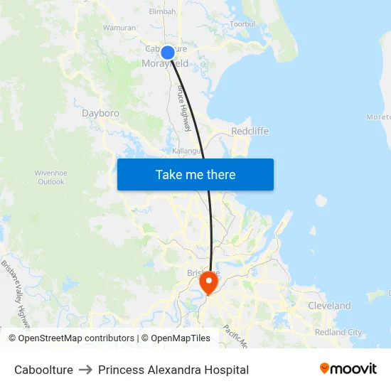 Caboolture to Princess Alexandra Hospital map