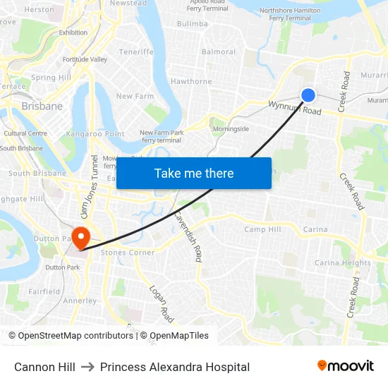 Cannon Hill to Princess Alexandra Hospital map