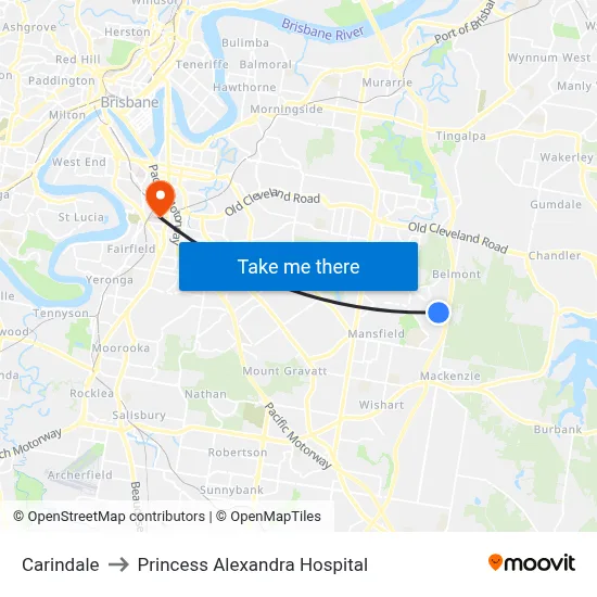 Carindale to Princess Alexandra Hospital map