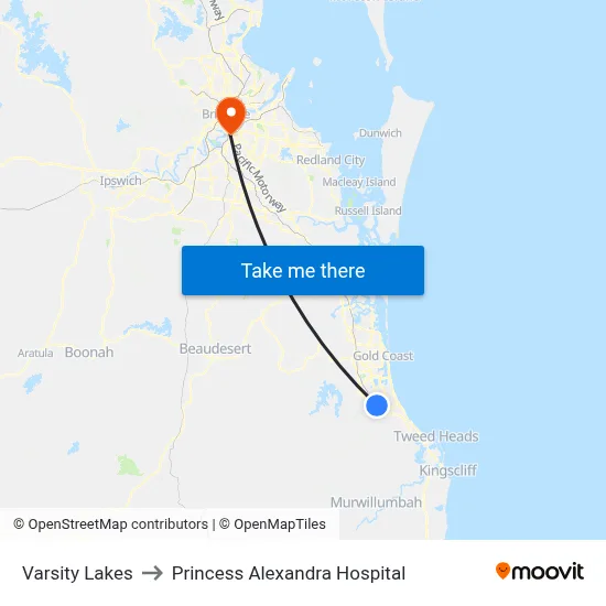 Varsity Lakes to Princess Alexandra Hospital map