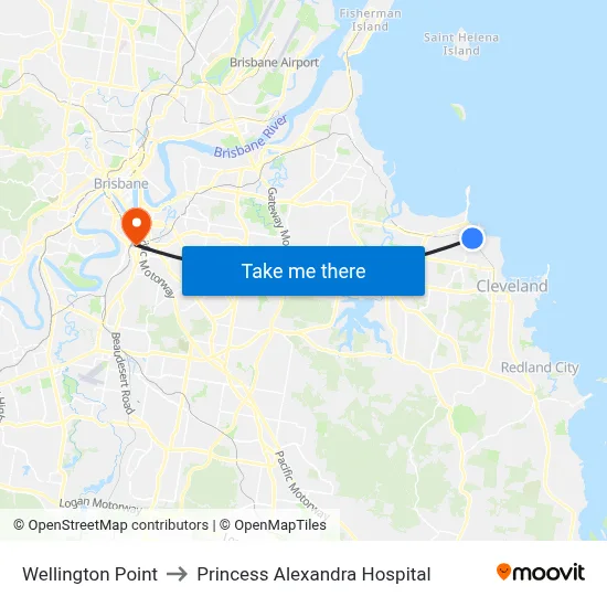 Wellington Point to Princess Alexandra Hospital map