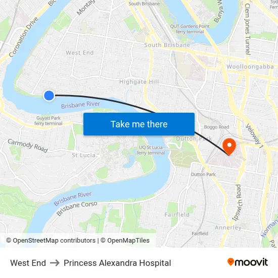 West End to Princess Alexandra Hospital map