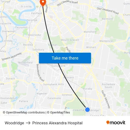 Woodridge to Princess Alexandra Hospital map