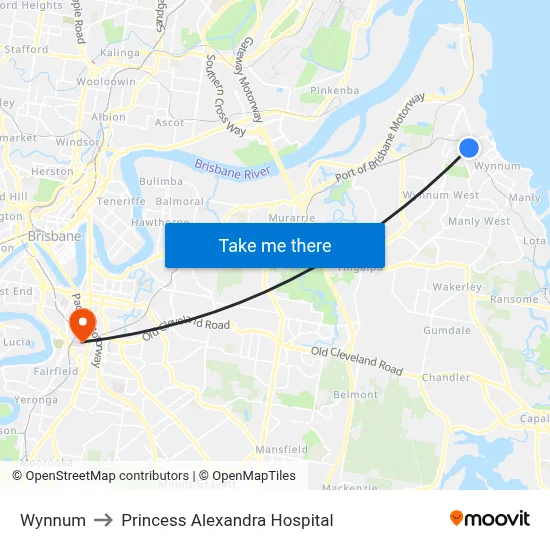 Wynnum to Princess Alexandra Hospital map