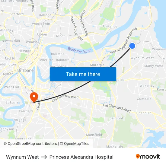 Wynnum West to Princess Alexandra Hospital map