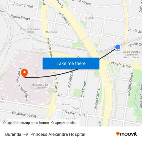 Buranda to Princess Alexandra Hospital map