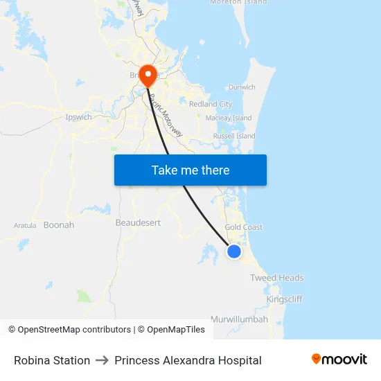 Robina Station to Princess Alexandra Hospital map