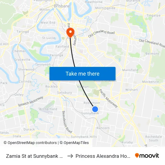 Zamia St at Sunnybank Plaza to Princess Alexandra Hospital map