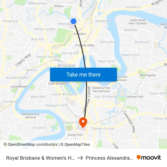 Royal Brisbane & Women's Hospital A&E to Princess Alexandra Hospital map