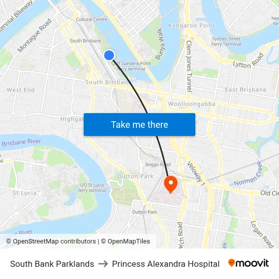 South Bank Parklands to Princess Alexandra Hospital map