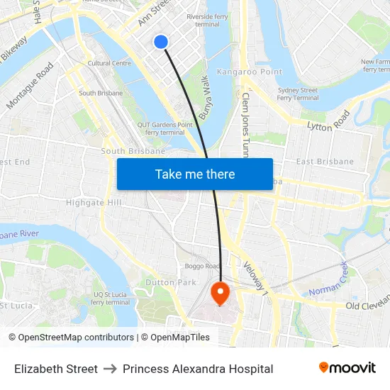 Elizabeth Street to Princess Alexandra Hospital map