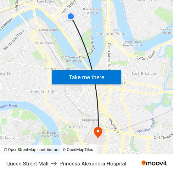 Queen Street Mall to Princess Alexandra Hospital map