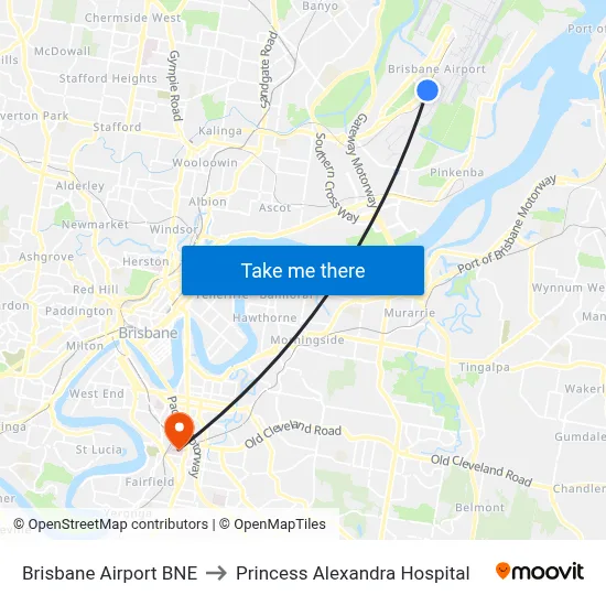 Brisbane Airport BNE to Princess Alexandra Hospital map