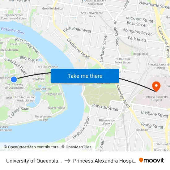 University of Queensland to Princess Alexandra Hospital map