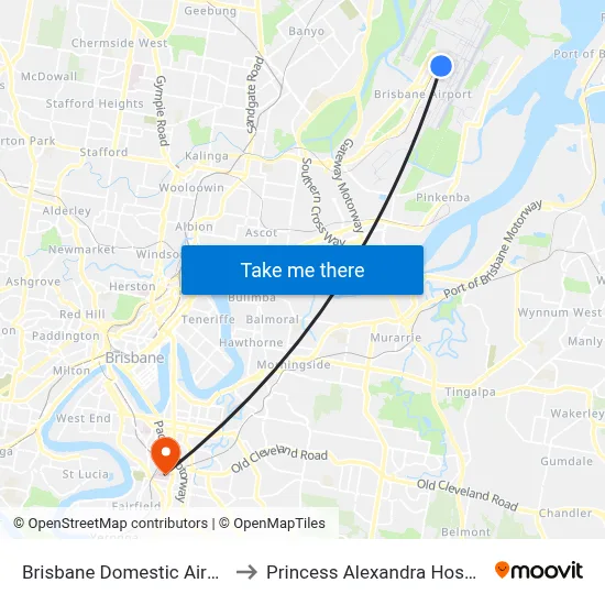 Brisbane Domestic Airport to Princess Alexandra Hospital map