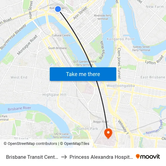 Brisbane Transit Centre to Princess Alexandra Hospital map