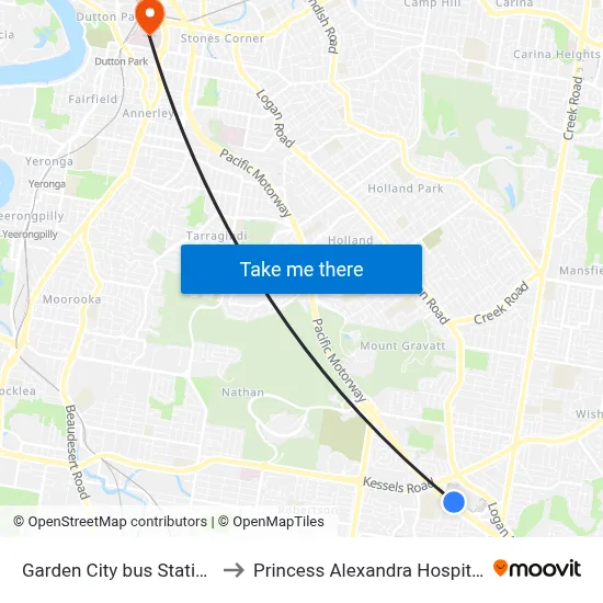 Garden City bus Station to Princess Alexandra Hospital map
