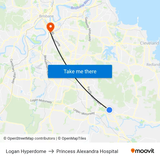 Logan Hyperdome to Princess Alexandra Hospital map