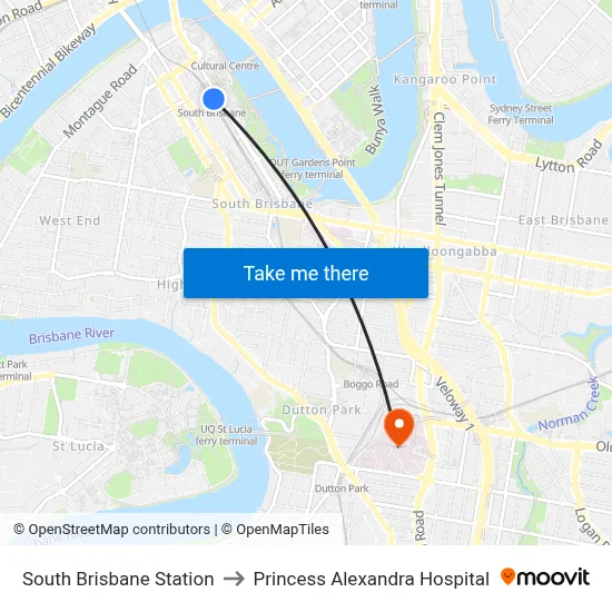 South Brisbane Station to Princess Alexandra Hospital map