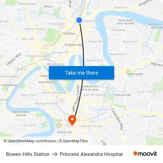 Bowen Hills Station to Princess Alexandra Hospital map