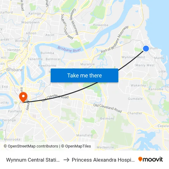 Wynnum Central Station to Princess Alexandra Hospital map