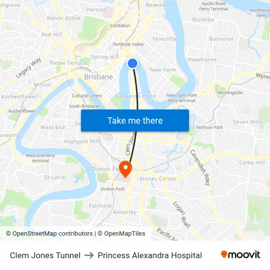 Clem Jones Tunnel to Princess Alexandra Hospital map